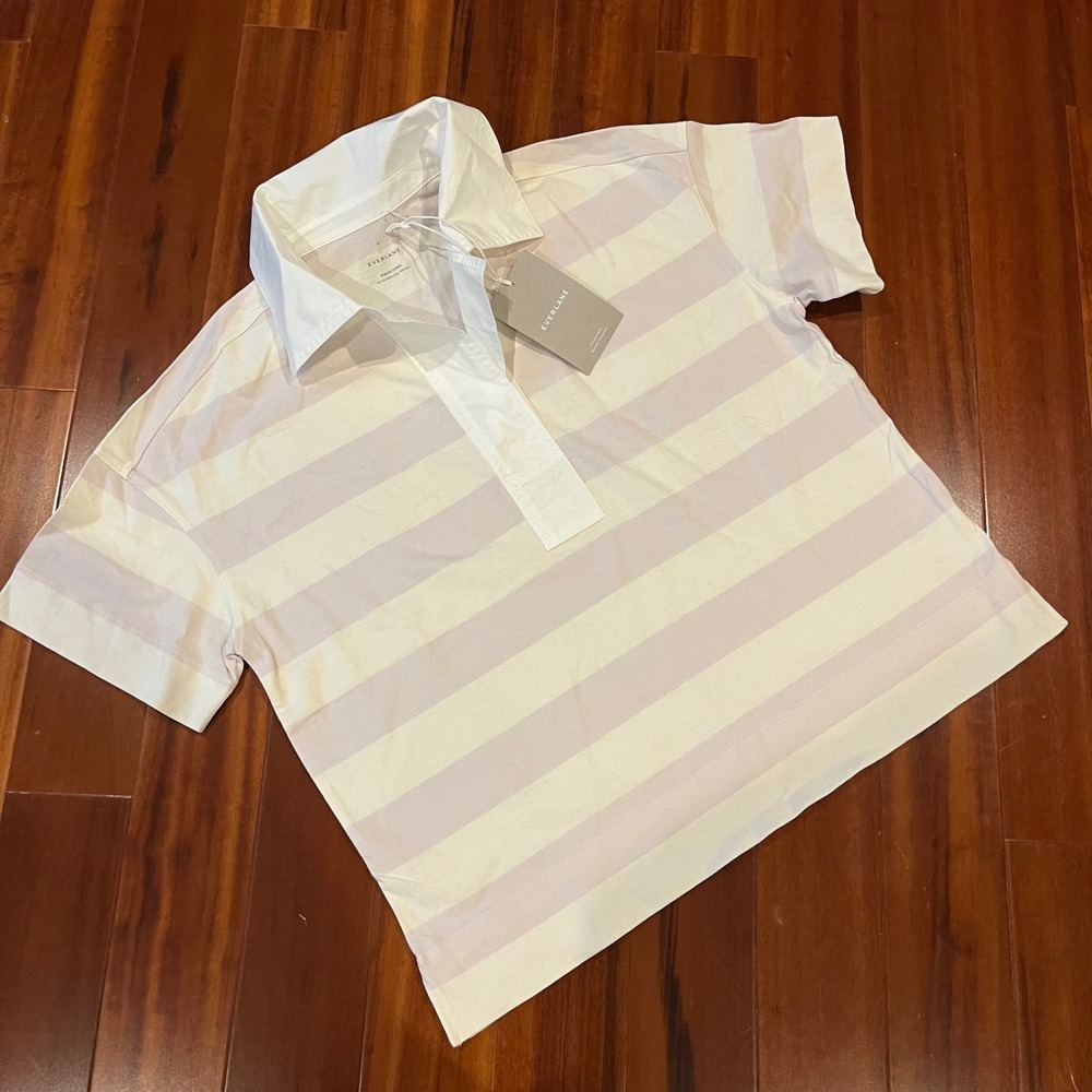 Everlane Polo Stripe Top Shirt Organic Cotton Purple Stripe Short Sleeve New S